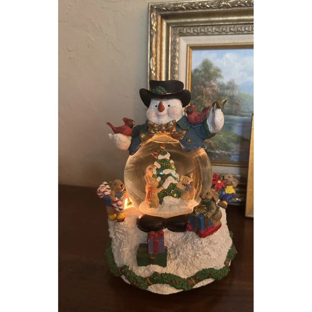 Vintage Three Jay's Musical Snowman Snow Globe Bunnies & Bears Woodland Holiday